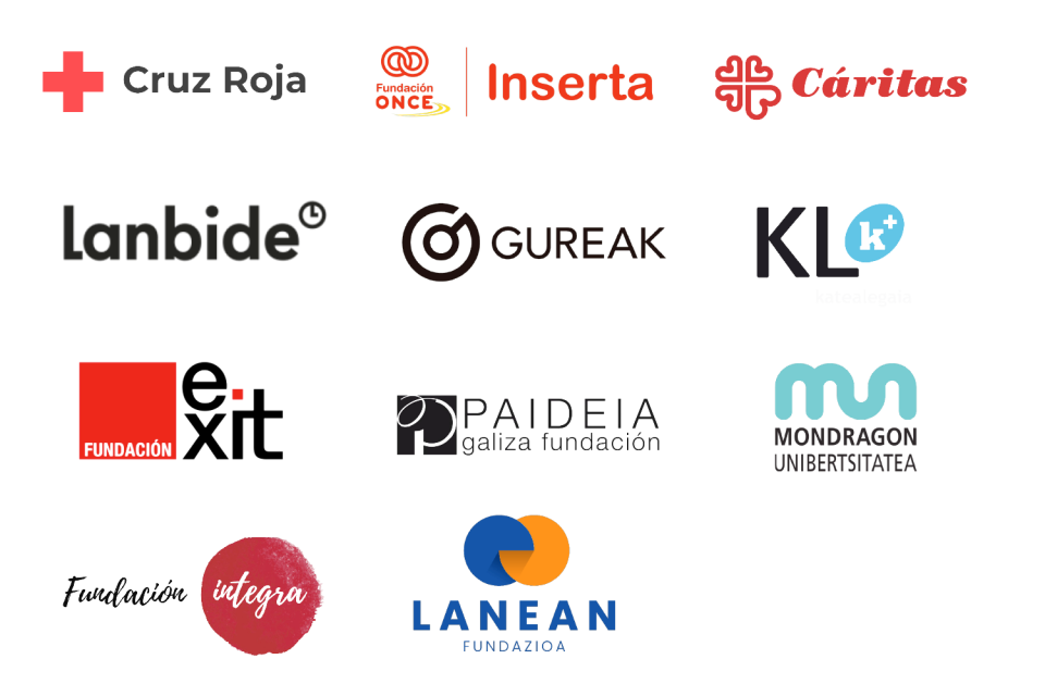 Mosaic de logotips d'entitats col·laboradores d'ocupació i inclusió social vinculades a EROSKI.